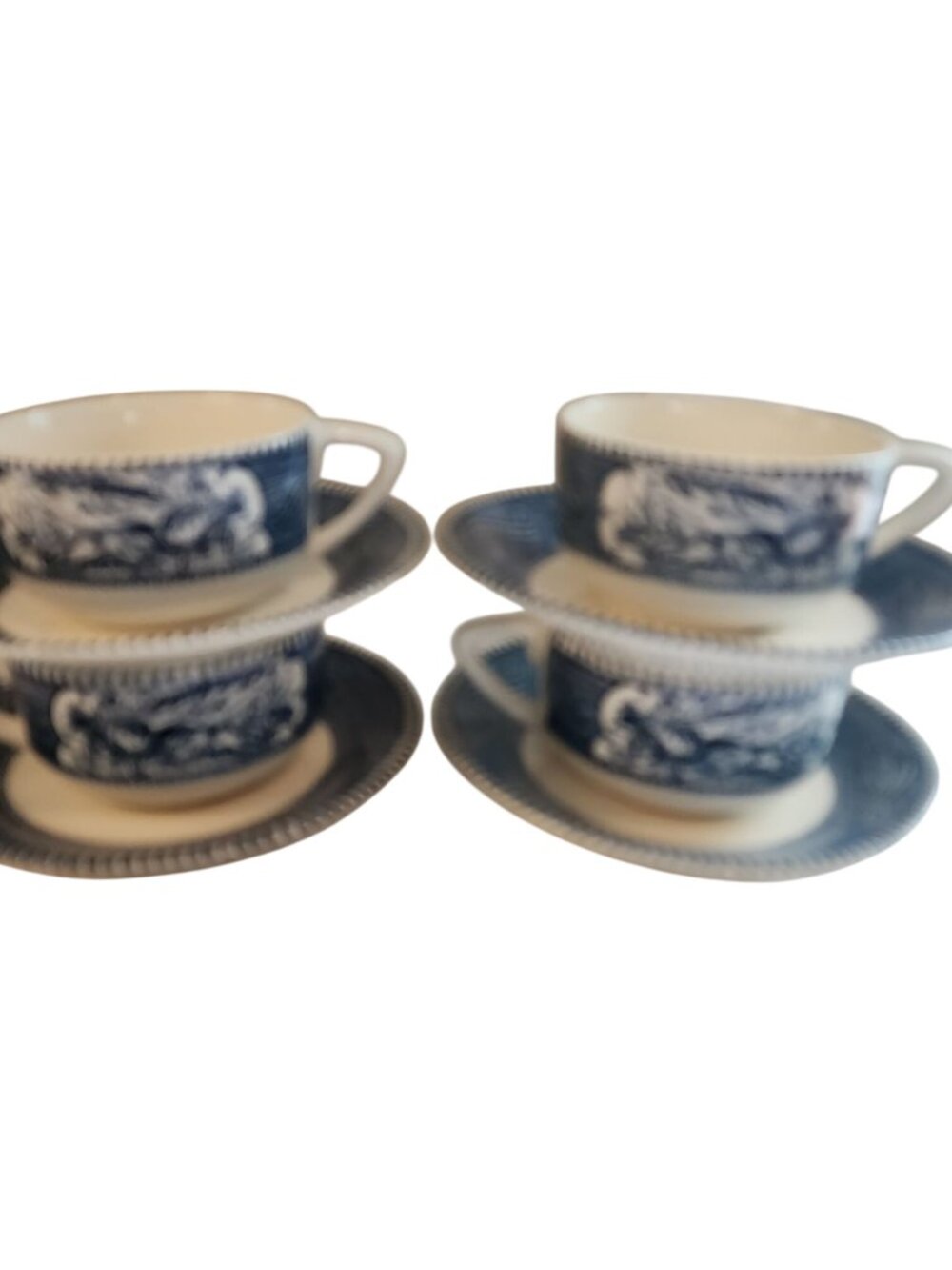 Currier & Ives SteamBoat Pattern Flat Cup and Saucer set of 4